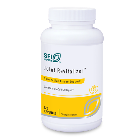 Eine weiße Kunststoffflasche mit dem Aufdruck 'SFI Health Joint Revitalizer' und 'Connective Tissue Support'. Enthält 120 Kapseln. Die Flasche hat gelbe und grüne Designelemente.