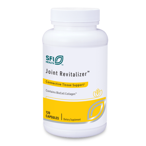 Eine weiße Kunststoffflasche mit dem Aufdruck 'SFI Health Joint Revitalizer' und 'Connective Tissue Support'. Enthält 120 Kapseln. Die Flasche hat gelbe und grüne Designelemente.