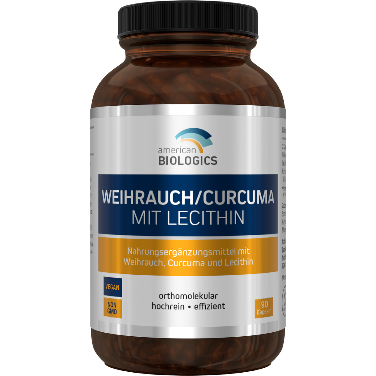 Rückseite einer Nahrungsergänzungsmitteldose mit Zutatenliste und Nährstoffangaben. Enthält Weihrauch, Lecithin und Kurkuma-Extrakt.