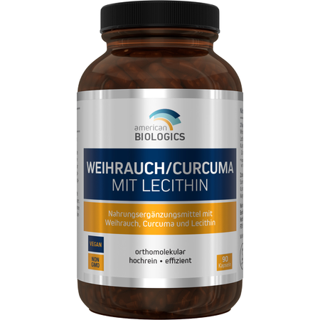 Rückseite einer Nahrungsergänzungsmitteldose mit Zutatenliste und Nährstoffangaben. Enthält Weihrauch, Lecithin und Kurkuma-Extrakt.
