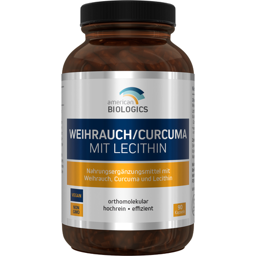 Rückseite einer Nahrungsergänzungsmitteldose mit Zutatenliste und Nährstoffangaben. Enthält Weihrauch, Lecithin und Kurkuma-Extrakt.