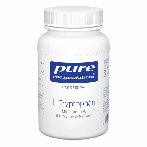 Ein weißer Behälter mit dem Aufdruck 'pure encapsulations L-Tryptophan'. Enthält Vitamin B6, fördert Psyche und Nerven. Die Verpackung ist schlicht, mit blauem Logo und Text auf weißem Hintergrund.