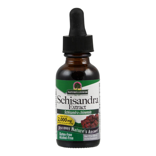 Das Bild zeigt eine Flasche mit Schisandra-Extrakt von Nature's Answer. Die braune Glasflasche hat eine schwarze Pipette und ein Etikett mit grüner und weißer Farbgebung. Auf dem Etikett steht 'Schisandra Extract', 'Schisandra chinensis', und es wird hervorgehoben, dass es glutenfrei und alkoholfrei ist. Die Flasche enthält 30 ml und bietet 2000 mg Schisandra-Beeren pro Portion.