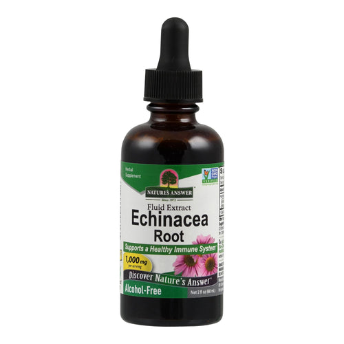 Eine braune Glasflasche mit Tropfverschluss, auf der ein Etikett mit der Aufschrift 'Nature's Answer Fluid Extract Echinacea Root' zu sehen ist. Die Flasche enthält ein alkoholfreies flüssiges Extrakt, das das Immunsystem unterstützt. Auf dem Etikett sind auch Blumenabbildungen und Informationen über die Dosierung (1.000 mg pro Portion) zu sehen.