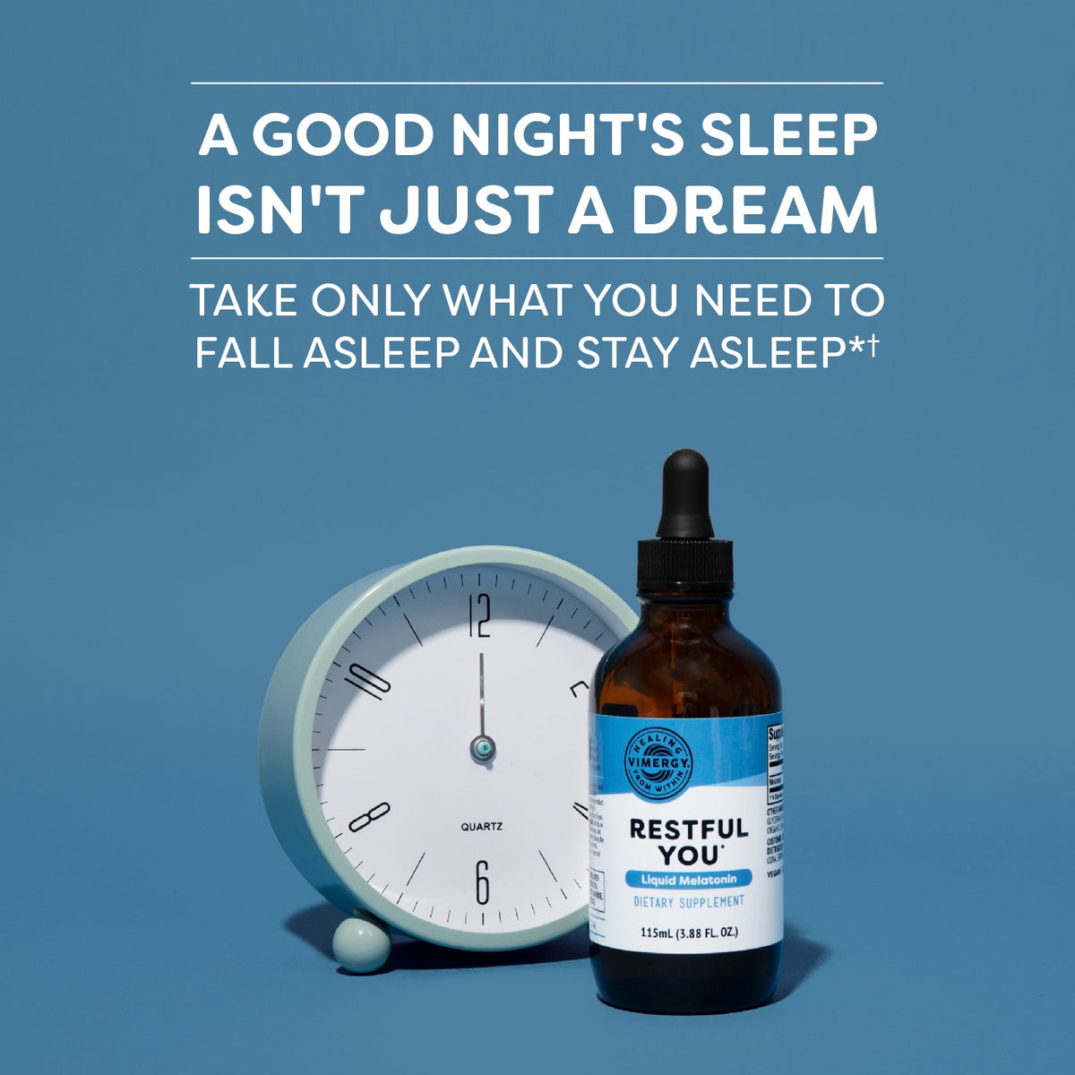 Das Bild zeigt eine Werbeanzeige für ein Nahrungsergänzungsmittel namens "Restful You" mit Melatonin. Links ist ein blauer Wecker abgebildet. Der Hintergrund ist ebenfalls blau, und oben steht ein Text über guten Schlaf.
