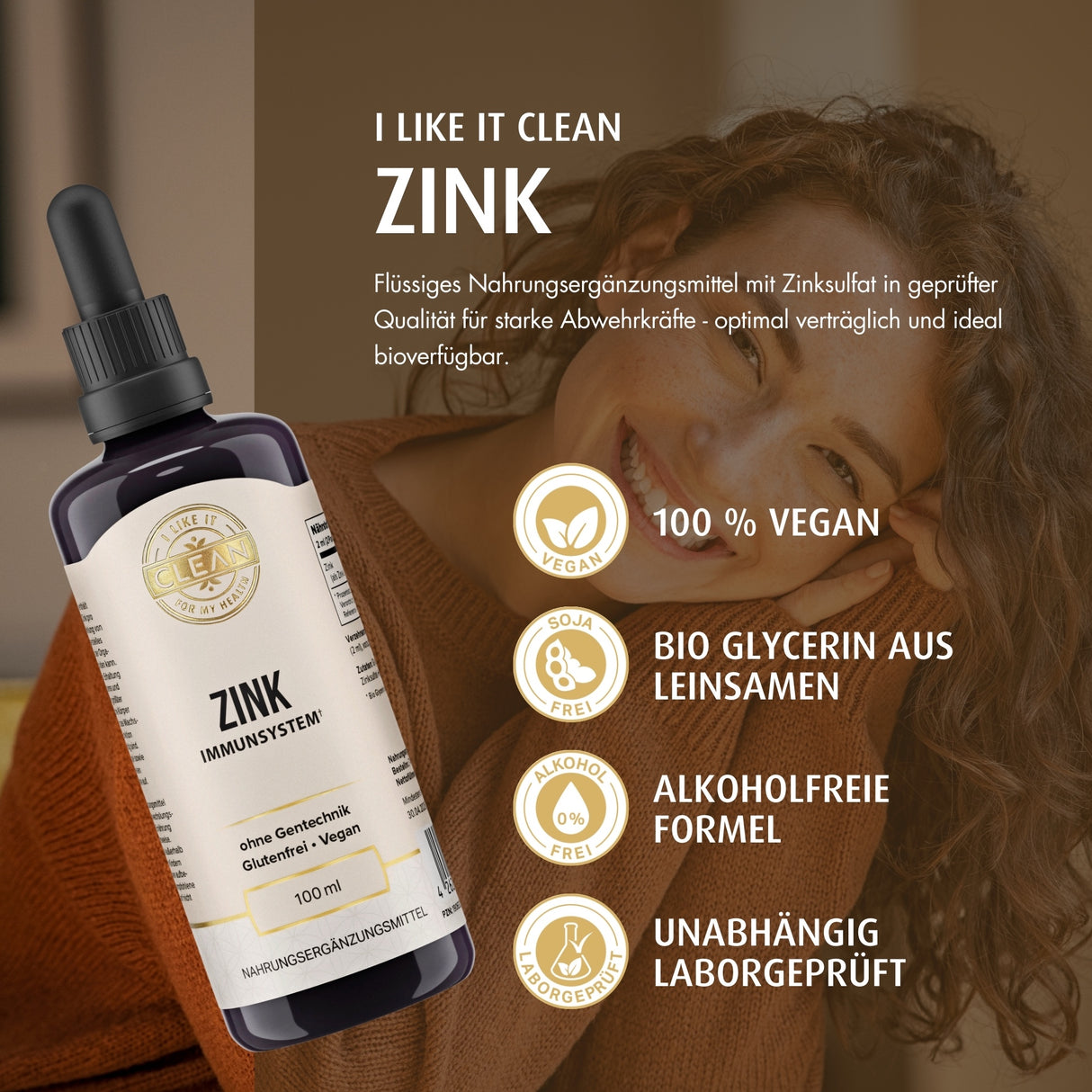 Das Bild zeigt eine Flasche mit flüssigem Zinksulfat, das als Nahrungsergänzungsmittel beworben wird. Die Flasche hat ein Etikett mit der Aufschrift „Zink Immunsystem“ und ist 100 ml groß. Sie ist ohne Gentechnik, glutenfrei und vegan. Auf der linken Seite sind Symbole und Texte, die auf die Vorteile des Produkts hinweisen, wie „7,5 mg elementares Zink pro 2 ml“, „flüssige Zinksulfat-Verbindung“, „essenzielle Spurenelemente“. Auf der rechten Seite sind weitere Vorteile wie „Immunsystem“, „Haut, Haare & Näge