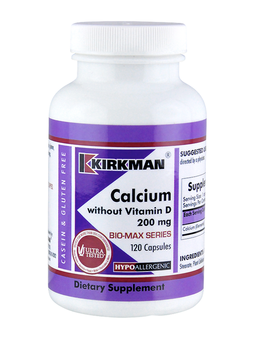 Das Bild zeigt eine weiße Plastikflasche mit einem lila Etikett. Auf dem Etikett steht „Kirkman Calcium without Vitamin D 200 mg“. Die Flasche enthält 120 Kapseln eines hypoallergenen Nahrungsergänzungsmittels, das als „Bio-Max Series“ gekennzeichnet ist. Weitere Informationen auf dem Etikett umfassen „Casein & Gluten Free“ und „Ultra Tested“.