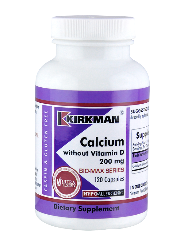 Das Bild zeigt eine weiße Plastikflasche mit einem lila Etikett. Auf dem Etikett steht „Kirkman Calcium without Vitamin D 200 mg“. Die Flasche enthält 120 Kapseln eines hypoallergenen Nahrungsergänzungsmittels, das als „Bio-Max Series“ gekennzeichnet ist. Weitere Informationen auf dem Etikett umfassen „Casein & Gluten Free“ und „Ultra Tested“.