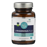 Braunes Glasgefäß mit silbernem Deckel, Etikett "L-Rhamnosus Plus", 60 Kapseln, vegan, non-GMO, von American Biologics.