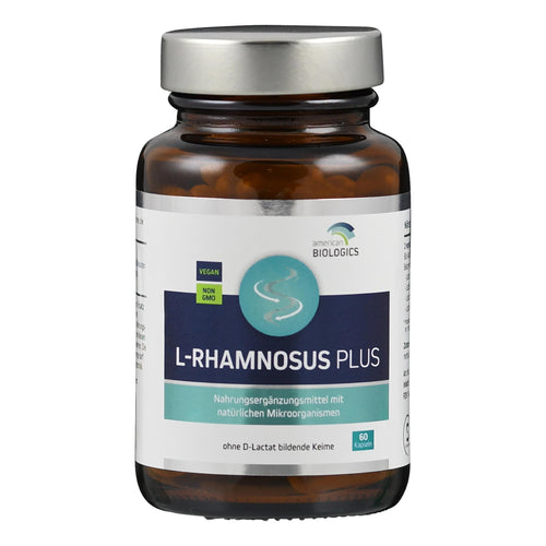 Braunes Glasgefäß mit silbernem Deckel, Etikett "L-Rhamnosus Plus", 60 Kapseln, vegan, non-GMO, von American Biologics.