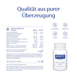 Das Bild zeigt eine Verpackung von Pure Encapsulations B-Complex Plus. Links sind die Inhaltsstoffe und Nährwerte aufgelistet. Oben steht der Slogan „Qualität aus purer Überzeugung“. Symbole zeigen, dass das Produkt laktosefrei, glutenfrei, vegan und sojafrei ist. Rechts unten ist eine weiße Flasche mit dem Produkt abgebildet.