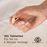 Eine Hand hält eine Tablette vor einem beigen Hintergrund. Links im Bild steht der Text: '180 Tabletten, Für bis zu 6 Monate versorgt'. Unten rechts ist das Solgar-Logo mit dem Text 'Since 1947'.