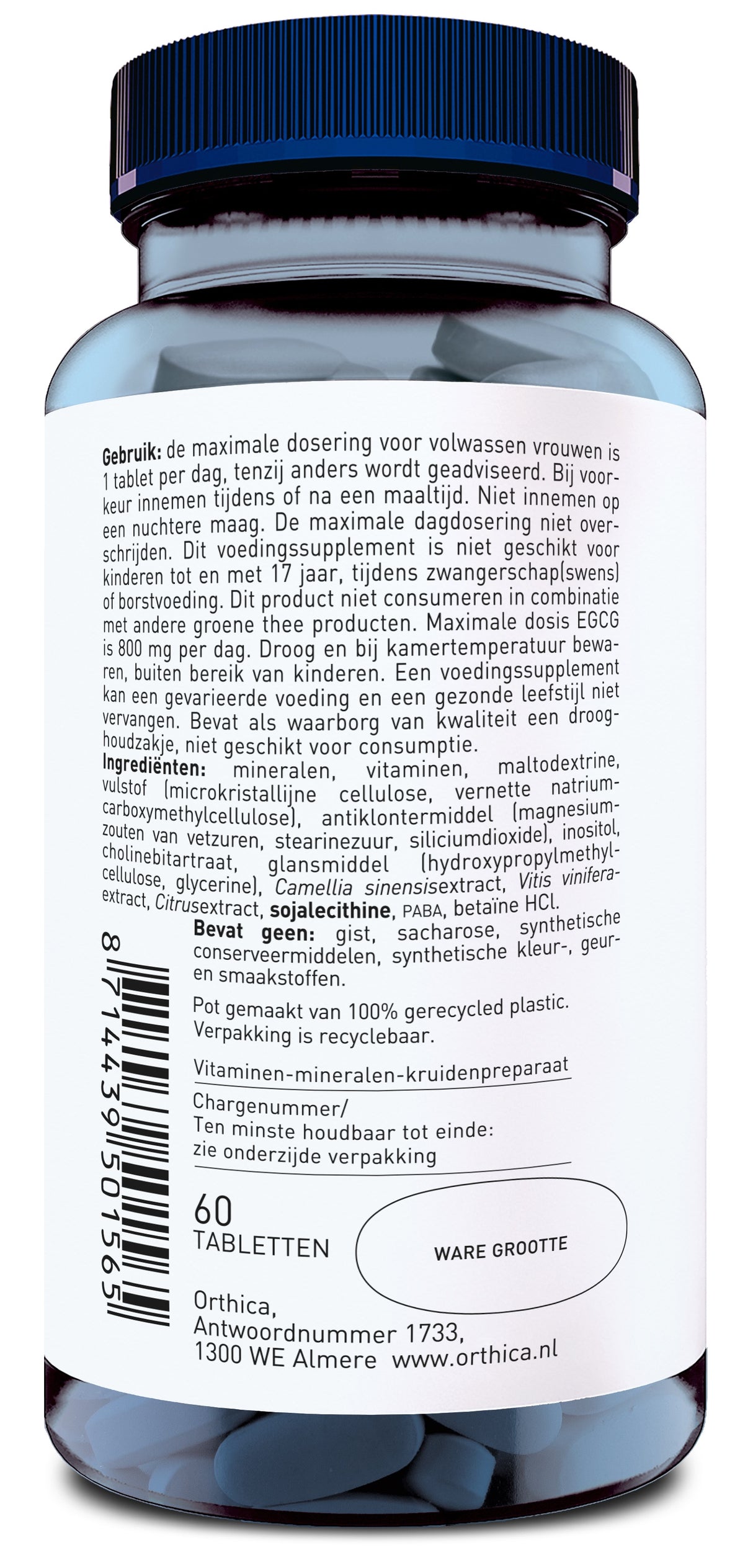 Eine weiße Plastikflasche mit blauer Kappe, die 60 Tabletten eines Vitamin-Mineral-Kräuterpräparats enthält. Auf dem Etikett stehen Dosierungsanweisungen und Inhaltsstoffe in niederländischer Sprache. Die Verpackung besteht aus recyceltem Plastik.