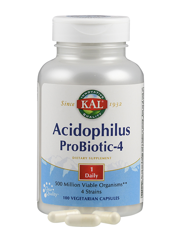 Flasche mit KAL Acidophilus ProBiotic-4 Nahrungsergänzungsmittel, 100 vegetarische Kapseln, 500 Millionen Organismen, 4 Stämme.
