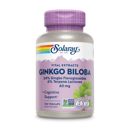 Ginkgo Biloba Nahrungsergänzungsmittel von Solaray, 120 Kapseln, 60 mg, mit 24% Flavonglykosiden und 6% Terpenlactonen, für kognitive Unterstützung.