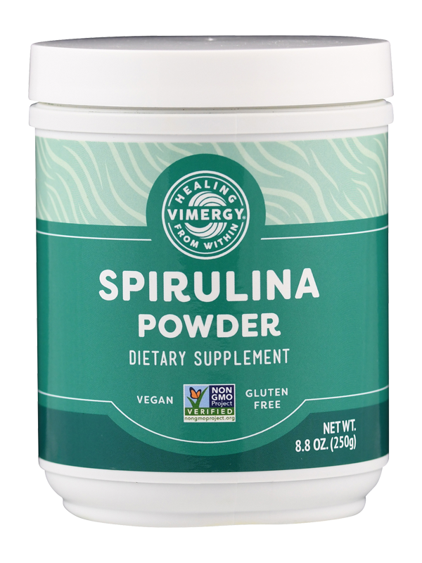 Dose mit Spirulina-Pulver von Vimergy. Nahrungsergänzungsmittel, vegan, glutenfrei, Non-GMO. Nettogewicht 250g.