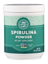 Dose mit Spirulina-Pulver von Vimergy. Nahrungsergänzungsmittel, vegan, glutenfrei, Non-GMO. Nettogewicht 250g.