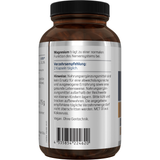 Eine weiße Plastikflasche mit dem Etikett 'MAGNESIUM GLYCINAT 100 mg' von American Biologics steht vor einem weißen Hintergrund. Das Etikett zeigt Informationen über das Nahrungsergänzungsmittel, einschließlich der Dosierungsempfehlung von 200 mg pro Tag und der Anzahl der Kapseln (90 Stück). Zwei Kapseln liegen vor der Flasche.