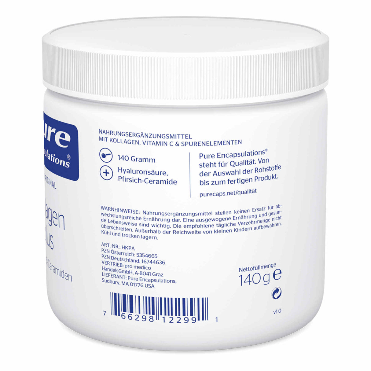Die Abbildung zeigt eine weiße Kunststoffdose von Pure Encapsulations, die Nahrungsergänzungsmittel mit Kollagen, Vitamin C und Spurenelementen enthält. Auf dem Etikett sind Details wie Inhalt (140 Gramm), Hauptbestandteile (Hyaluronsäure, Pfirsich-Ceramide) und Herstellerinformationen (Pure Encapsulations, Sudbury, MA, USA) angegeben. Ein Barcode ist ebenfalls sichtbar. Die Verpackung hat ein schlichtes Design mit blauer Schrift auf weißem Hintergrund.