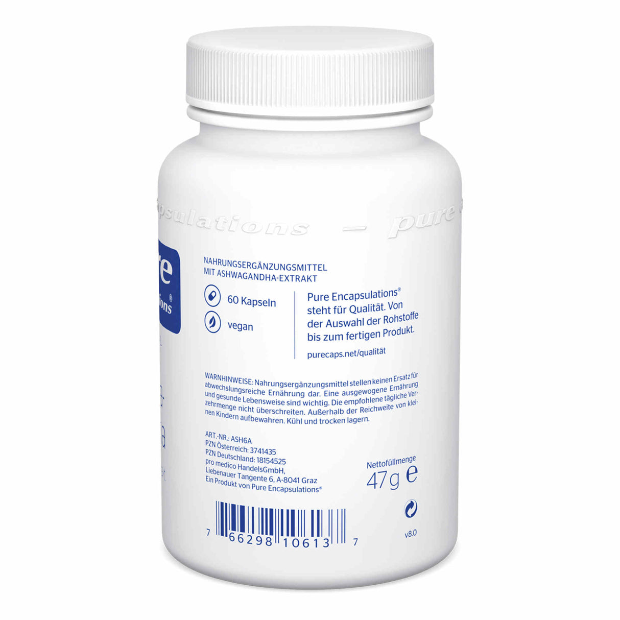 Eine weiße Plastikflasche mit einem Etikett von Pure Encapsulations. Auf dem Etikett steht 'Nahrungsergänzungsmittel mit Ashwagandha-Extrakt'. Die Flasche enthält 60 vegane Kapseln. Weitere Informationen auf dem Etikett betreffen Qualität und Lagerhinweise. Die Flasche hat einen Schraubverschluss und ist für Nahrungsergänzungsmittel typisch gestaltet. Der Hintergrund ist weiß.