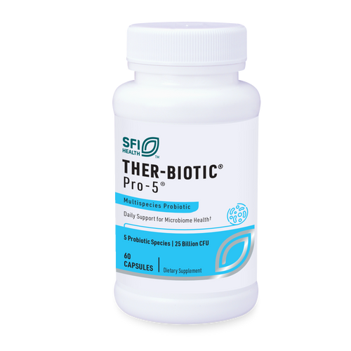 Eine weiße Plastikflasche mit dem Etikett 'SFI Health THER-BIOTIC Pro-5' steht aufrecht. Das Etikett beschreibt es als ein Multispezies-Probiotikum mit täglicher Unterstützung für die Mikrobiom-Gesundheit. Es enthält 5 probiotische Arten mit 25 Milliarden KBE und 60 Kapseln.