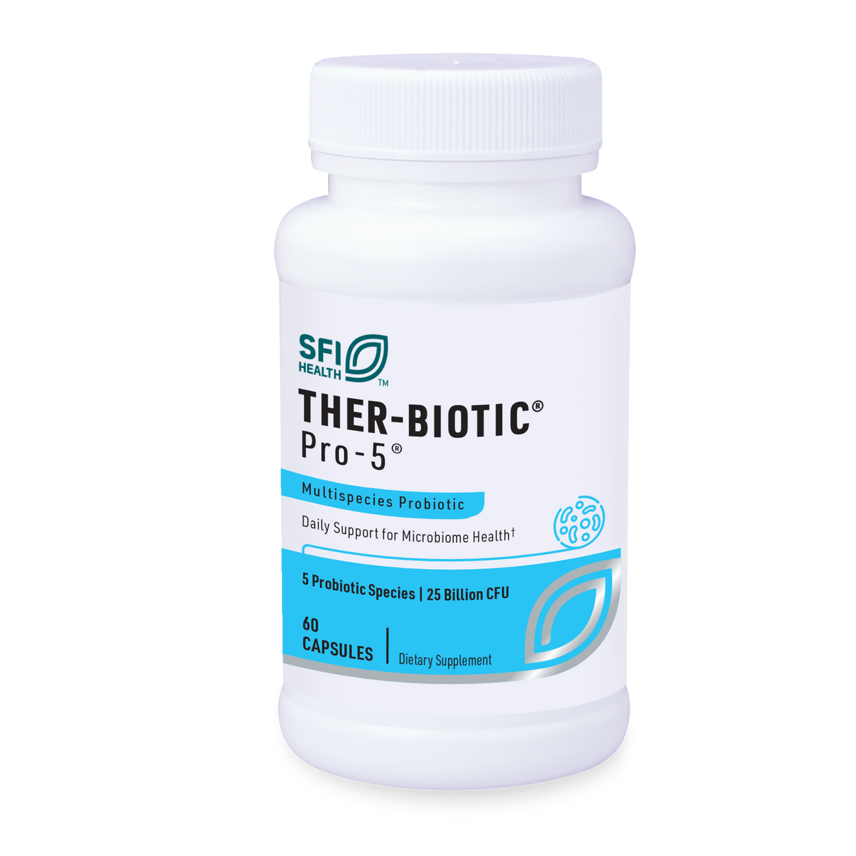 Eine weiße Plastikflasche mit dem Etikett 'SFI Health THER-BIOTIC Pro-5' steht aufrecht. Das Etikett beschreibt es als ein Multispezies-Probiotikum mit täglicher Unterstützung für die Mikrobiom-Gesundheit. Es enthält 5 probiotische Arten mit 25 Milliarden KBE und 60 Kapseln.