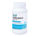 Eine weiße Plastikflasche mit dem Etikett 'SFI Health THER-BIOTIC Pro-5' steht aufrecht. Das Etikett beschreibt es als ein Multispezies-Probiotikum mit täglicher Unterstützung für die Mikrobiom-Gesundheit. Es enthält 5 probiotische Arten mit 25 Milliarden KBE und 60 Kapseln.