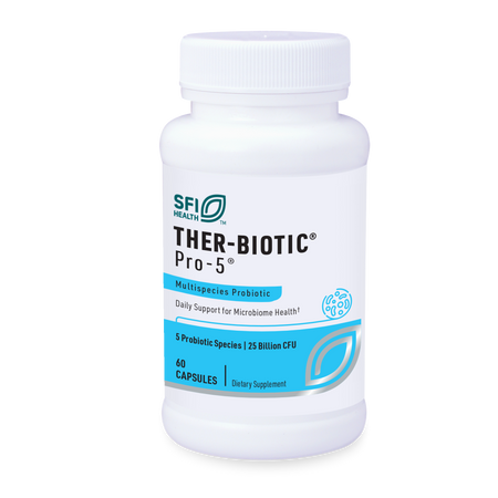 Eine weiße Plastikflasche mit dem Etikett 'SFI Health THER-BIOTIC Pro-5' steht aufrecht. Das Etikett beschreibt es als ein Multispezies-Probiotikum mit täglicher Unterstützung für die Mikrobiom-Gesundheit. Es enthält 5 probiotische Arten mit 25 Milliarden KBE und 60 Kapseln.