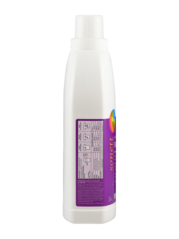 Das Bild zeigt eine weiße Plastikflasche mit lila Etikett, das Text und Symbole enthält. Das Etikett gehört zu einem Produkt mit dem Namen 'Sonett'. Die Flasche steht aufrecht vor einem weißen Hintergrund.