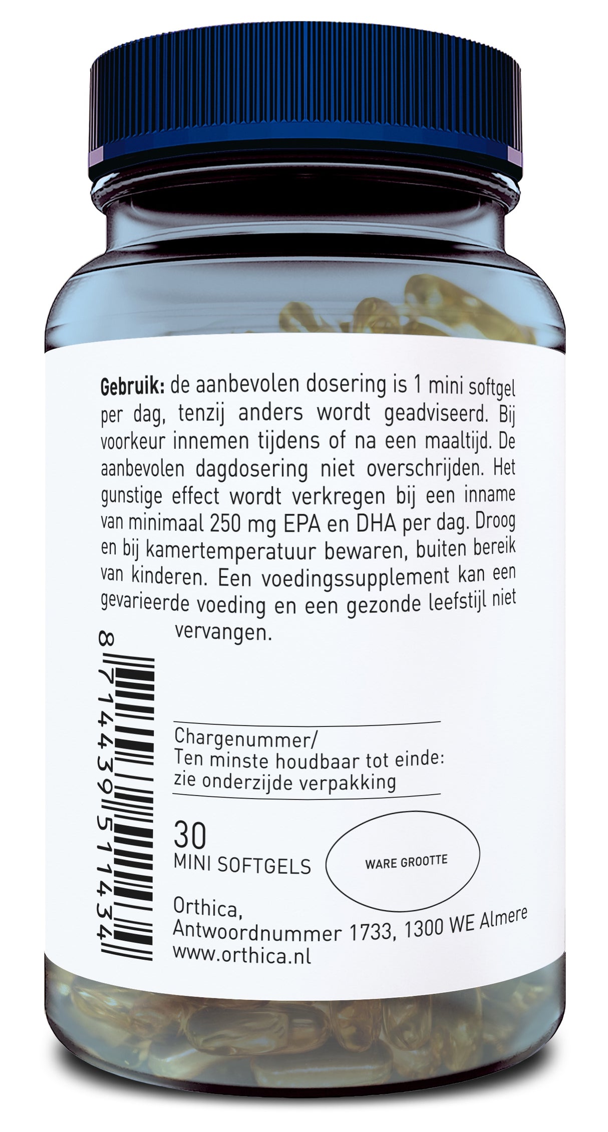 Das Bild zeigt eine Flasche mit Nahrungsergänzungsmitteln. Die Flasche hat einen blauen Deckel und ein Etikett mit Text in niederländischer Sprache. Auf dem Etikett steht die empfohlene Dosierung von 1 Mini-Softgel pro Tag. Weitere Informationen beinhalten Lagerungshinweise und die Adresse des Herstellers Orthica in Almere, Niederlande. Die Flasche enthält 30 Mini-Softgels.
