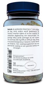 Das Bild zeigt eine Flasche mit Nahrungsergänzungsmitteln. Die Flasche hat einen blauen Deckel und ein Etikett mit Text in niederländischer Sprache. Auf dem Etikett steht die empfohlene Dosierung von 1 Mini-Softgel pro Tag. Weitere Informationen beinhalten Lagerungshinweise und die Adresse des Herstellers Orthica in Almere, Niederlande. Die Flasche enthält 30 Mini-Softgels.