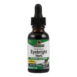 Eine braune Glasflasche mit schwarzem Tropfverschluss, auf der "Eyebright Herb" steht. Das Etikett ist grün und weiß mit Texten wie "Promotes Eye Health" und "Alcohol-Free". Die Flasche enthält 30 ml Flüssigkeit und ist von der Marke Nature's Answer.