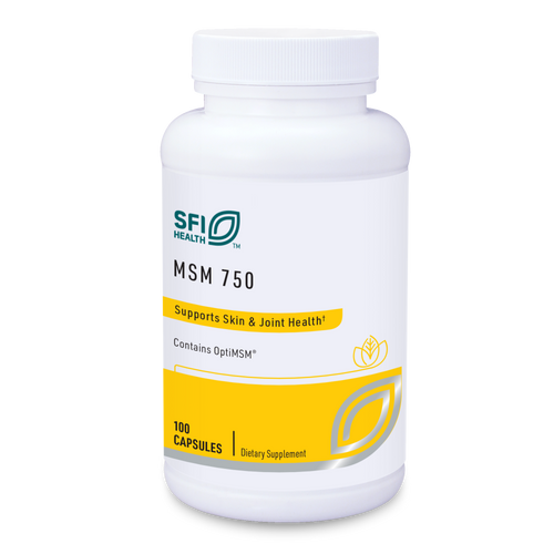 Weiße Flasche MSM 750 von SFI Health, 100 Kapseln, unterstützt Haut- und Gelenkgesundheit, enthält OptiMSM, Nahrungsergänzungsmittel.
