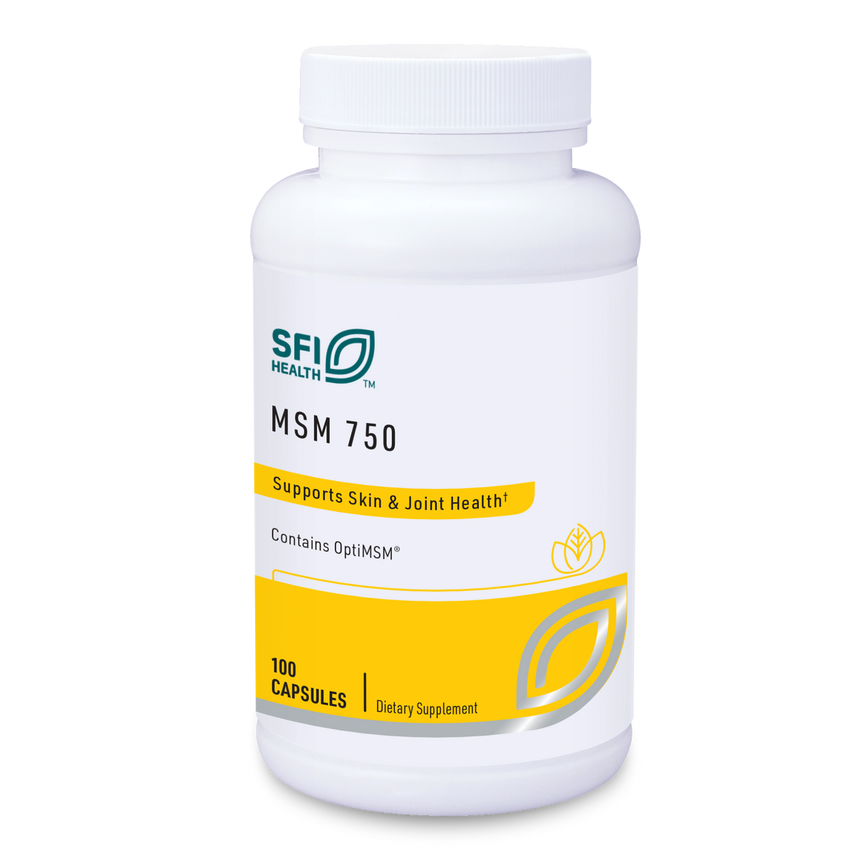 Weiße Flasche MSM 750 von SFI Health, 100 Kapseln, unterstützt Haut- und Gelenkgesundheit, enthält OptiMSM, Nahrungsergänzungsmittel.