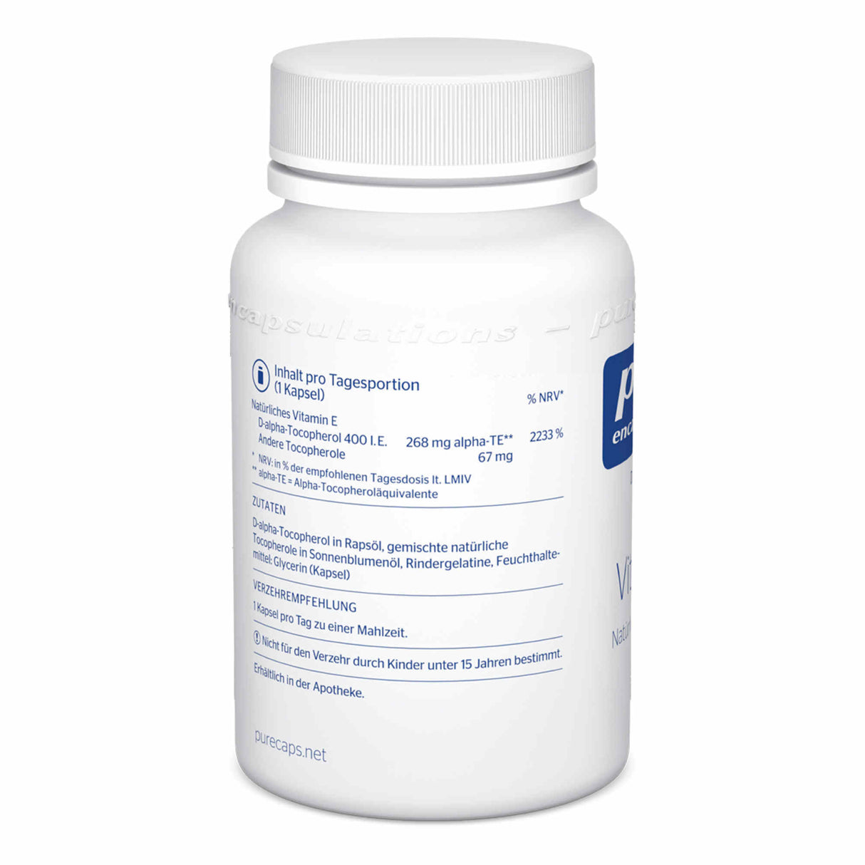 Das Bild zeigt eine weiße Flasche mit einem Schraubverschluss, die ein Nahrungsergänzungsmittel von Pure Encapsulations enthält. Auf der Flasche sind Details zur Inhaltsstoffliste und Dosierungsempfehlungen aufgedruckt. Die Flasche ist auf der linken Seite beschriftet und zeigt den Markennamen sowie die Inhaltsstoffe, darunter Vitamin E und Tocopherole. Die Flasche steht vor einem weißen Hintergrund.