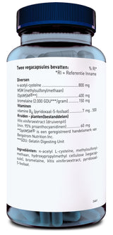 Ein Glas mit blauem Deckel, das Nahrungsergänzungsmittel in Kapselform enthält. Auf dem Etikett stehen Inhaltsstoffe wie N-Acetyl-Cystein und MSM. Die Aufschrift ist auf Niederländisch.
