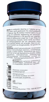 Das Bild zeigt eine Flasche mit einem blauen Deckel, die ein Nahrungsergänzungsmittel enthält. Auf dem Etikett sind Anweisungen zur Einnahme und eine Liste der Inhaltsstoffe auf Niederländisch gedruckt. Die Flasche enthält 60 Tabletten und ist von der Marke Orthica, mit einer Adresse in Almere, Niederlande. Es wird empfohlen, die Tabletten bei Raumtemperatur und außerhalb der Reichweite von Kindern zu lagern.