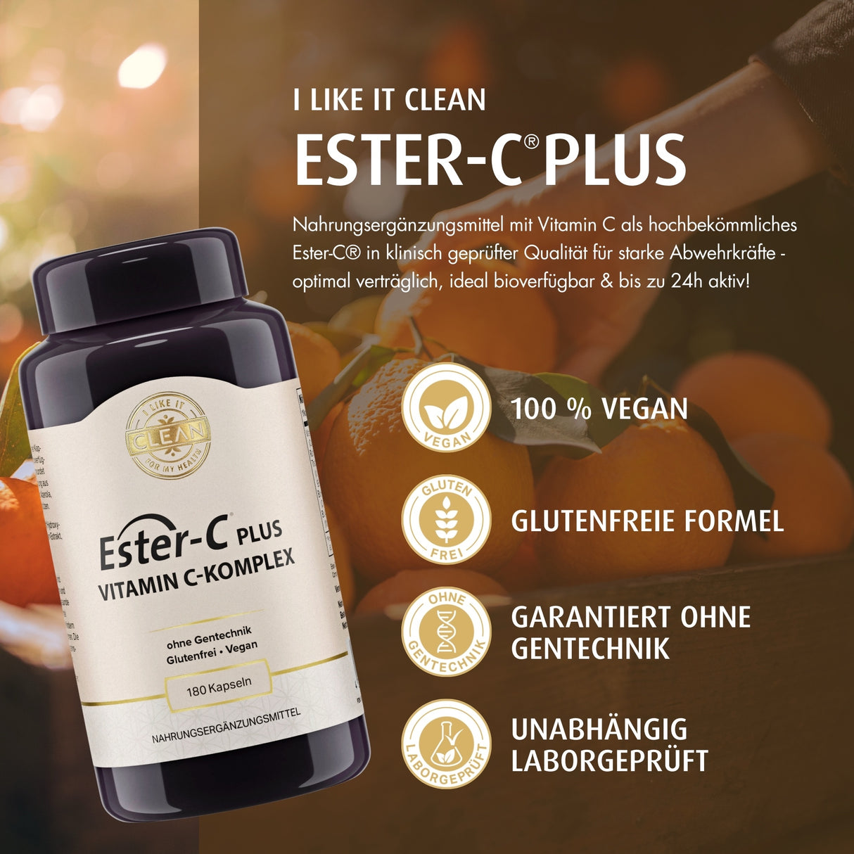 Das Bild zeigt eine dunkelviolette Flasche mit der Aufschrift 'Ester-C Plus Vitamin C-Komplex'. Um die Flasche herum sind Symbole mit Texten wie 'Immunfunktion', 'Energie', 'Kollagenbildung', '24h Versorgung', 'Magenschonend' sowie 'Mit Rutin, OPC, Bio Hagebutte & Bio Acerola'. Der Hintergrund ist hellbeige.