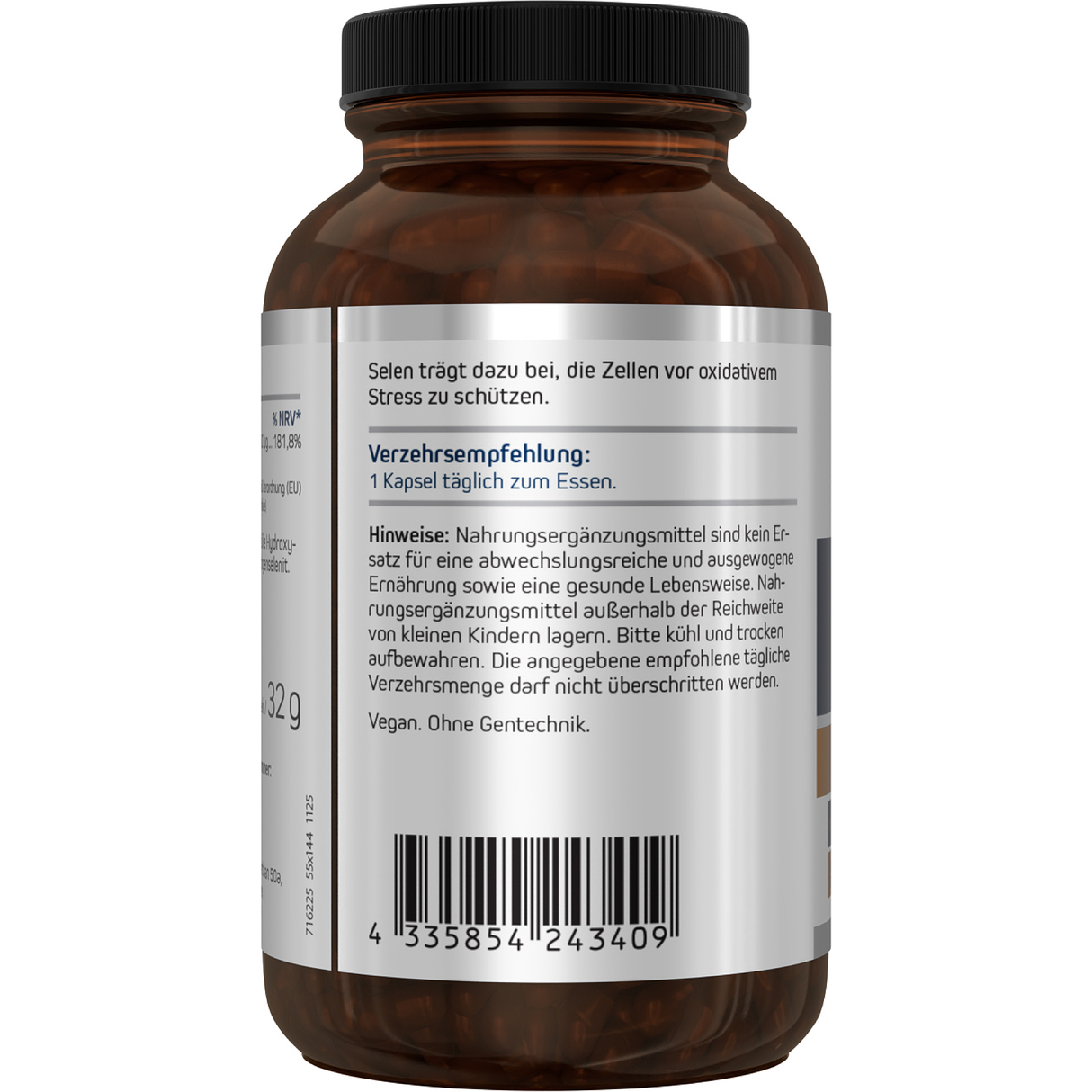 Eine weiße Plastikflasche mit der Aufschrift 'Selen 100' von American Biologics. Die Flasche enthält Nahrungsergänzungsmittel mit Selen, 90 Kapseln. Auf dem Etikett steht 'vegan' und 'non-GMO'. Vor der Flasche liegen drei weiße Kapseln.