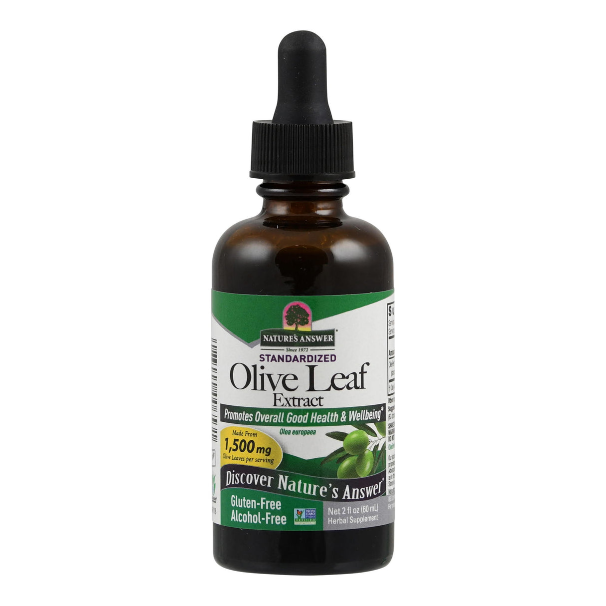 Eine braune Glasflasche mit Tropfverschluss, darauf ein Etikett mit der Aufschrift "Nature's Answer Standardized Olive Leaf Extract". Das Etikett ist grün und weiß mit einem Bild von Oliven. Die Flasche enthält 60 ml und ist glutenfrei sowie alkoholfrei.