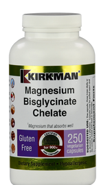 Eine weiße Plastikflasche mit einem Etikett der Marke Kirkman. Auf dem Etikett steht "Magnesium Bisglycinate Chelate". Die Flasche enthält 250 vegetarische Kapseln und ist glutenfrei. Auf dem Etikett sind Symbole für glutenfrei, zertifiziert für Reinheit und hypoallergen abgebildet. Die Flasche steht aufrecht vor einem weißen Hintergrund.