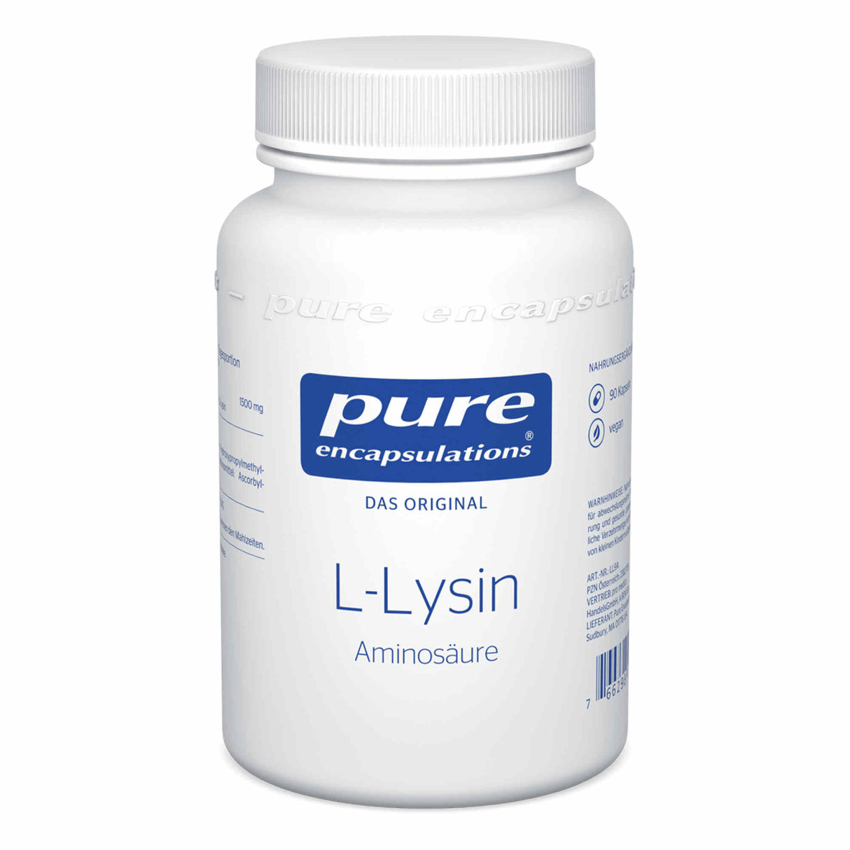 Das Bild zeigt eine weiße Plastikflasche mit einem Schraubverschluss, die das Produkt 'L-Lysin' von 'pure encapsulations' enthält. Auf dem Etikett steht 'Das Original' und 'Aminosäure'. Die Flasche ist auf einem weißen Hintergrund abgebildet.