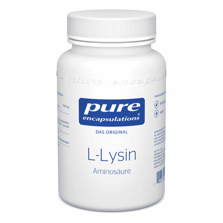 Das Bild zeigt eine weiße Plastikflasche mit einem Schraubverschluss, die das Produkt 'L-Lysin' von 'pure encapsulations' enthält. Auf dem Etikett steht 'Das Original' und 'Aminosäure'. Die Flasche ist auf einem weißen Hintergrund abgebildet.