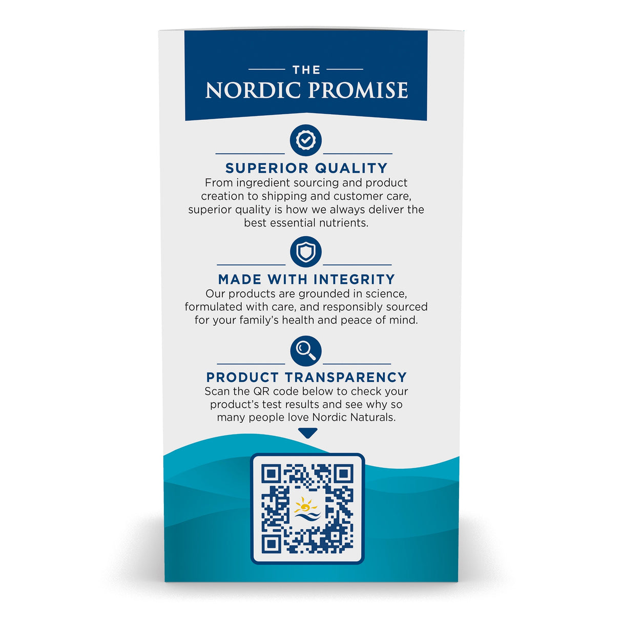 Verpackung mit Text über Qualität, Integrität und Transparenz von Nordic Naturals, inklusive QR-Code.