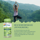 Eine Frau in Sportkleidung steht in der Yoga-Baumhaltung vor einem See mit bewaldeten Hügeln im Hintergrund. Links im Bild ist eine Flasche Solaray Bockshornklee-Kapseln abgebildet. Der Text beschreibt die Verwendung von Bockshornklee in Griechenland.