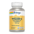 Flasche mit 100 Vitamin C Tabletten von Solaray, enthält Hagebutte und Acerola, 1000 mg, vegan, laborgeprüft, zeitverzögerte Freisetzung.