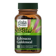 Eine braune Flasche mit grünem Deckel, die ein Nahrungsergänzungsmittel von Gaia Herbs enthält. Auf dem Etikett steht 'Echinacea Goldenseal', 'Immune Support', und '60 Vegan Liquid Phyto-Caps'.