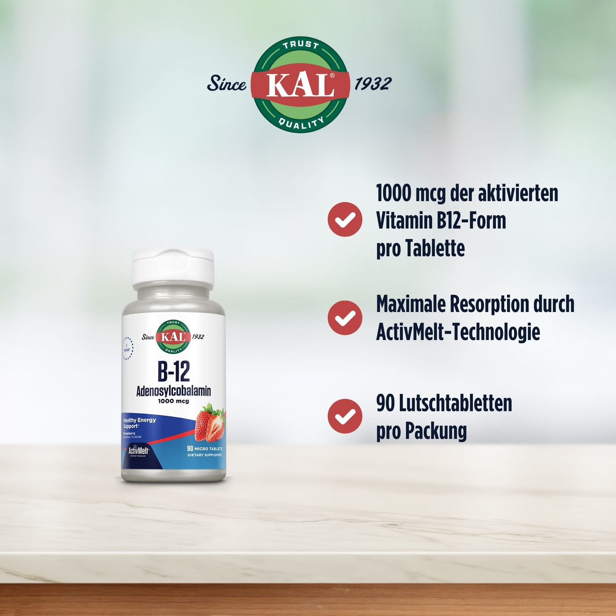 KAL B-12 Adenosylcobalamin Flasche mit 1000 mcg pro Tablette, ActivMelt-Technologie, 90 Lutschtabletten. Enthält Erdbeeraroma.