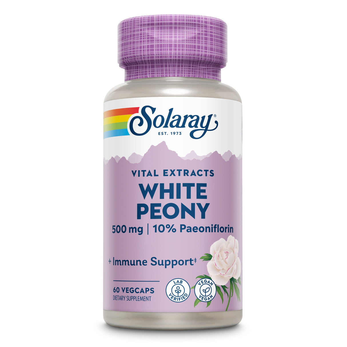 Eine Flasche Solaray White Peony Nahrungsergänzungsmittel mit 60 Vegcaps, 500 mg, 10% Paeoniflorin, unterstützt das Immunsystem.