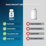 Das Bild zeigt eine Vergleichsgrafik zweier Vitamin-D3-Produkte. Links ist eine Flasche "Liposomal D-3" von KAL mit Vorteilen wie "Magenfreundlich" und "Optimale Aufnahme". Rechts ist eine unbeschriftete Flasche mit Nachteilen wie "Geringere Verträglichkeit". Der Hintergrund ist zweifarbig, links blau und rechts grau. Oben steht der Text "WAS MACHT DEN UNTERSCHIED?".